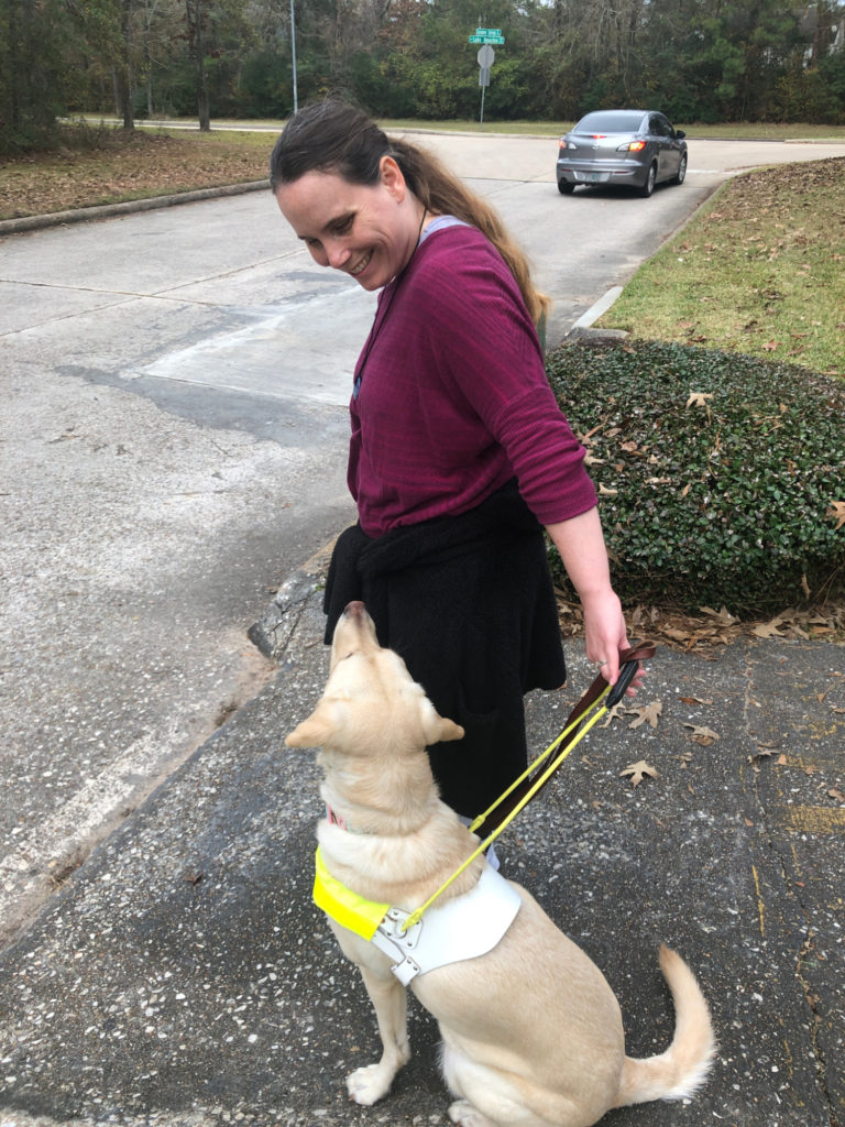 Amanda and Bell (a yellow lab) waiting before they cross the road.